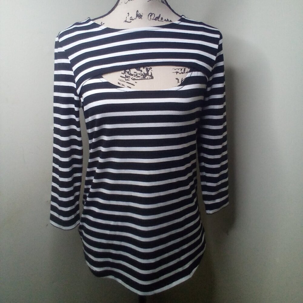 Verve Ami Shirt Women M 3/4 Sleeve Cut-Out Stripe Black White